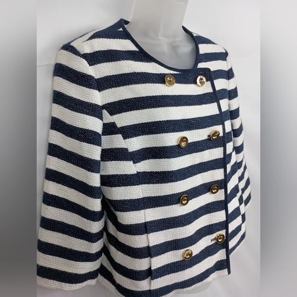 JONES NEW YORK Navy White Striped Nautical Blazer work pinstriped size 12 - Picture 7 of 11